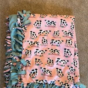 Plush Pink Cow Print Tie-Blanket with Mint Fringe